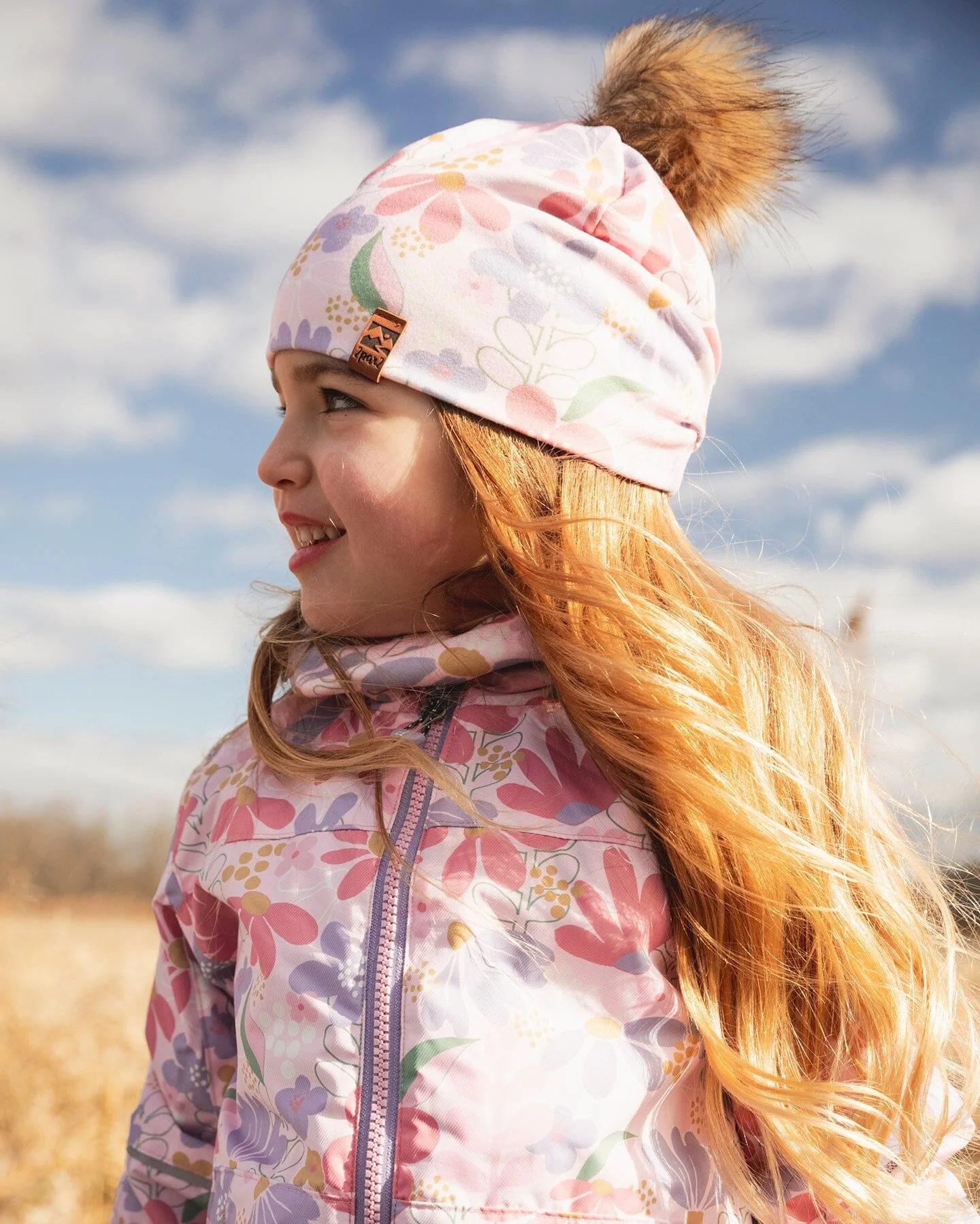 Stretch Jersey Hat Pink Flower Print With Pompom - Image 2