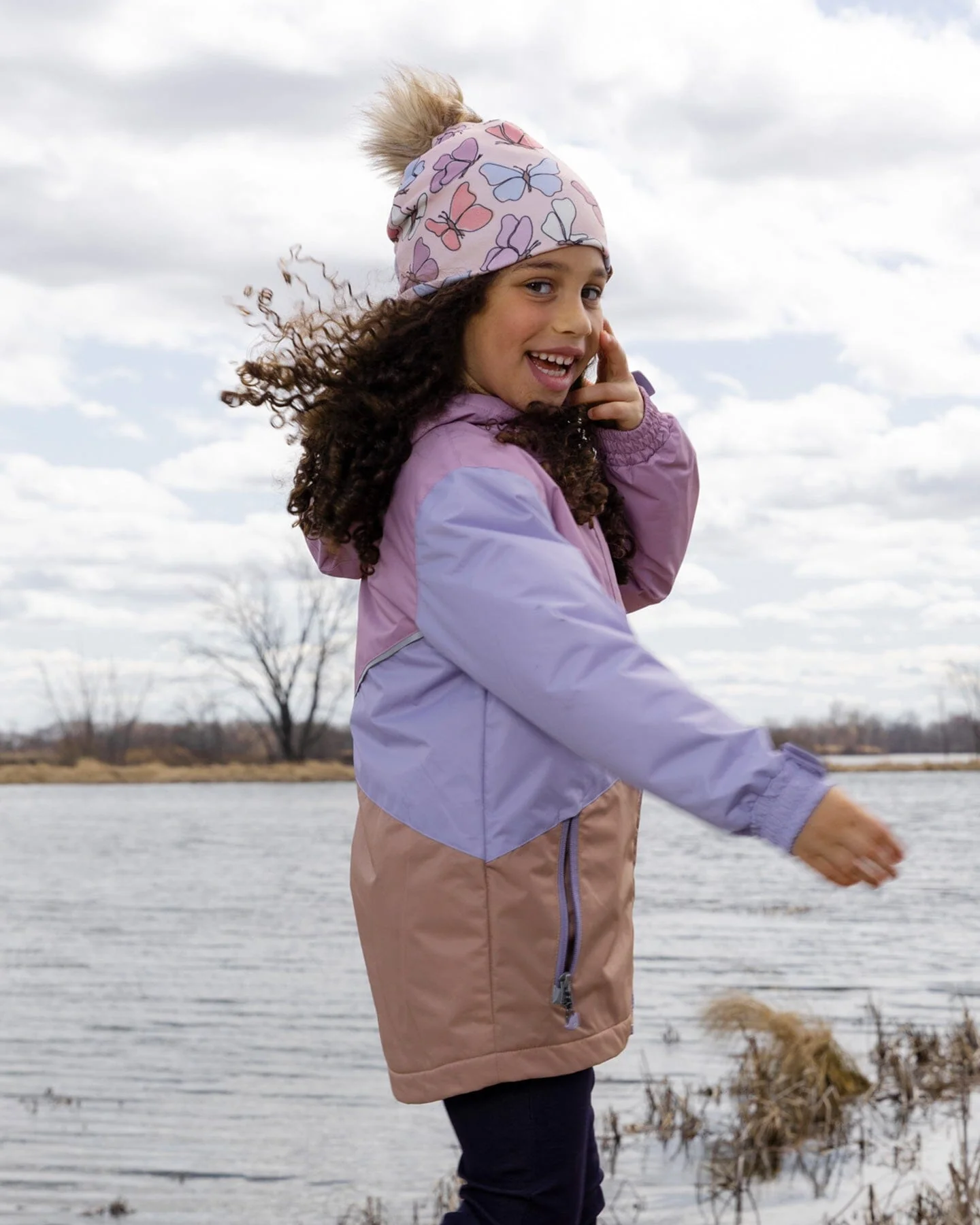 Stretch Jersey Hat Pink Printed Butterflies With Pompom - Image 3