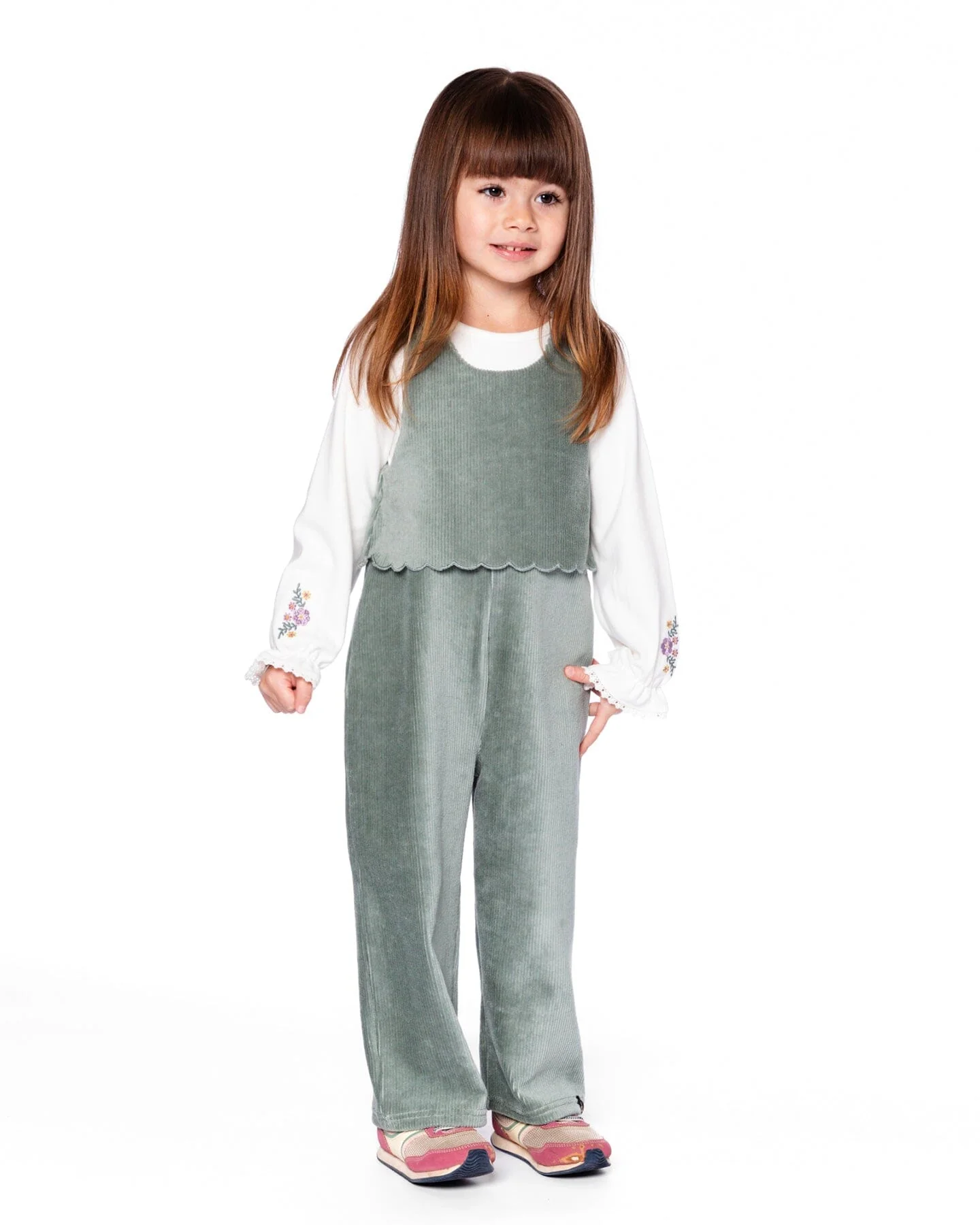 Stretch Velour Faux-Layered Overalls Jade Green - Image 3