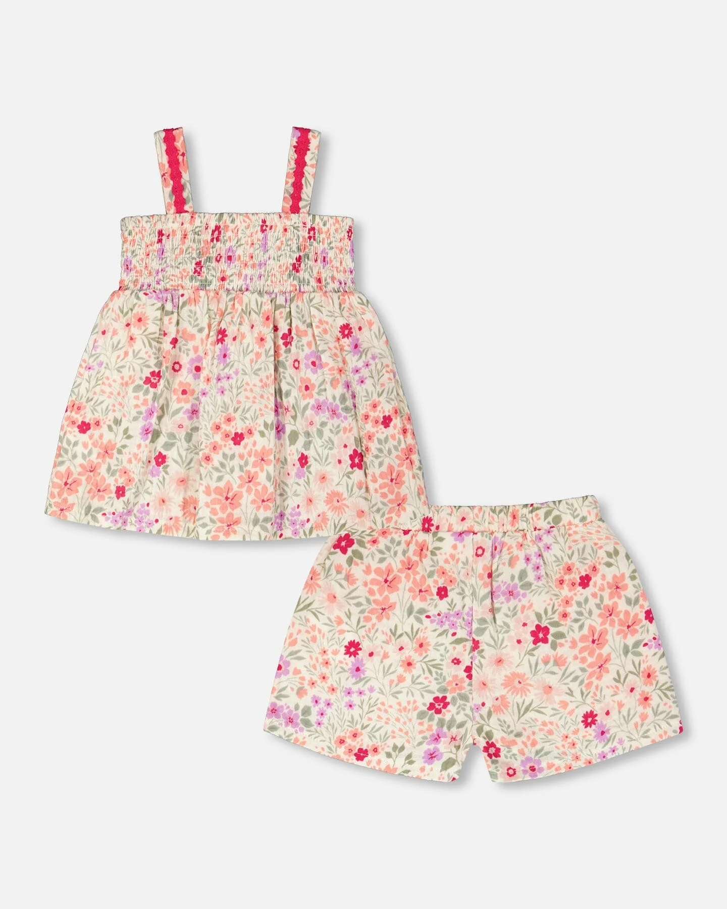 Tank Top With Smocking And Shorts Set In Muslin Off White Printed Flowers - Image 3