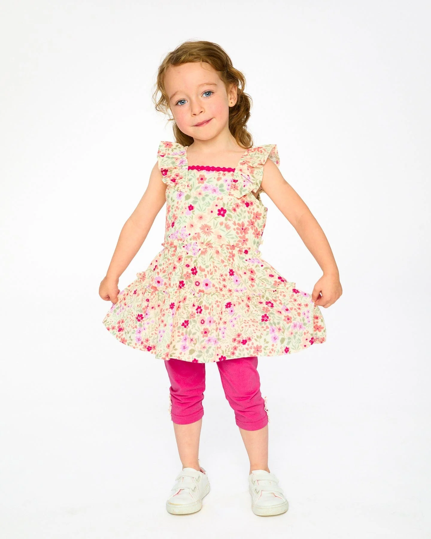 Tunic And Organic Cotton Capri Set Off White Printed Flowers And Pink - Image 2