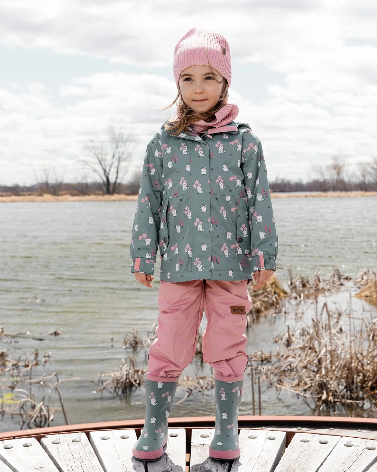 Two-Piece Mid-Season Outerwear Set Green Cat Print - Image 2