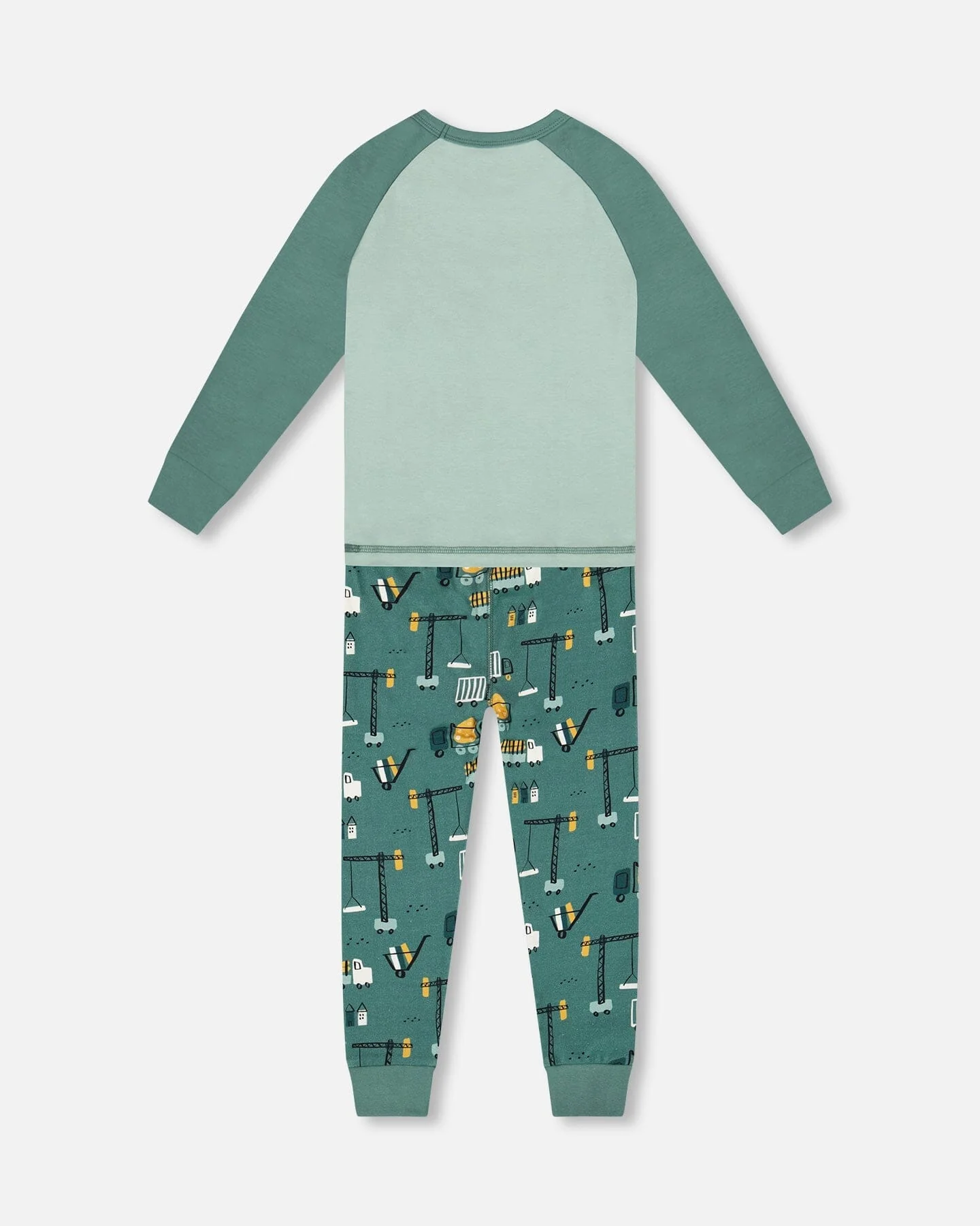 Two-Piece Organic Cotton Pajama Set Teal Construction Print - Image 3